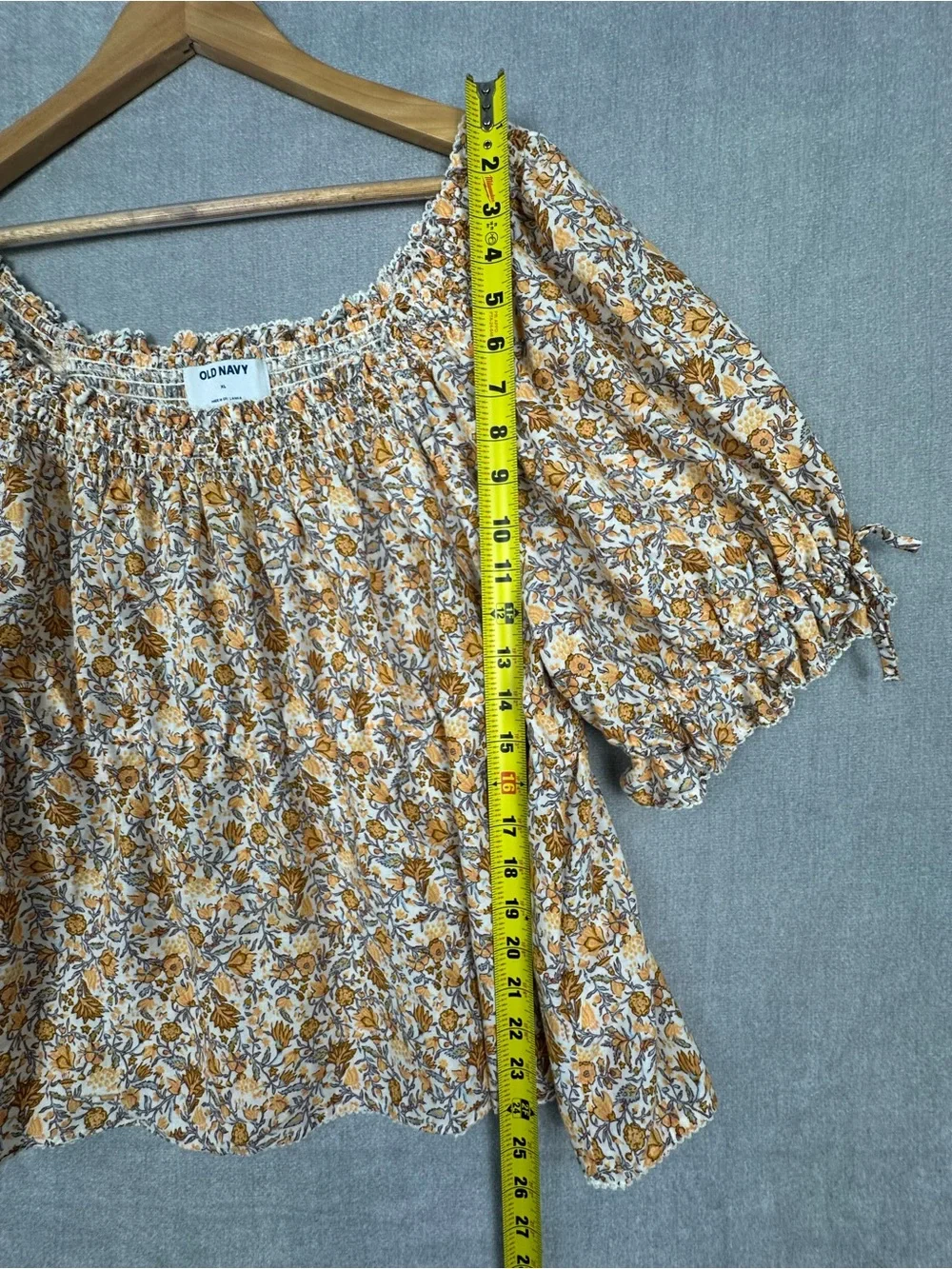 Old Navy Women Blouse XL Yellow Floral Peasant Puff Sleeve Elastic Ruffle